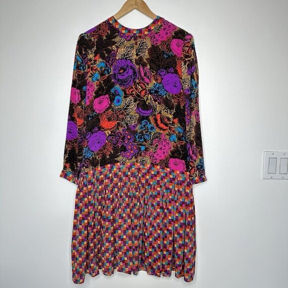 Floral Drop Waist Dress Size M Colorful Check Long Sleeve Silky Boho Art - Picture 1 of 9